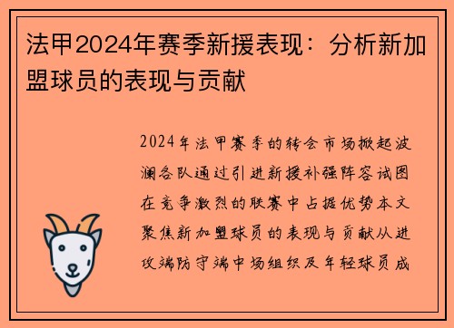 法甲2024年赛季新援表现：分析新加盟球员的表现与贡献