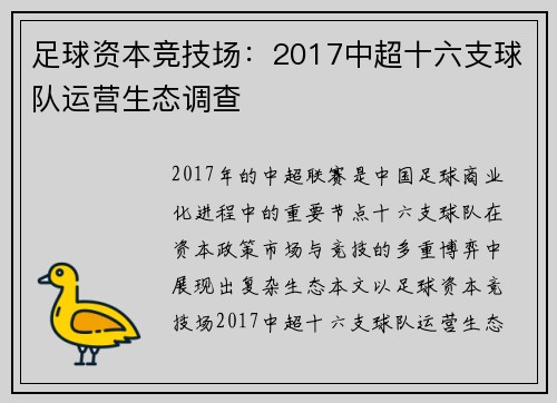 足球资本竞技场：2017中超十六支球队运营生态调查