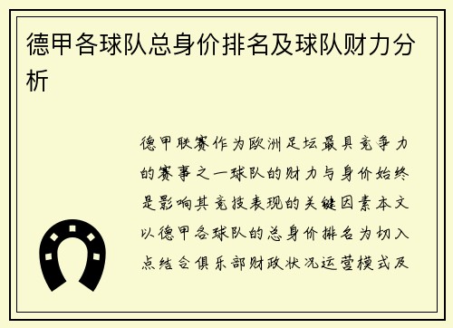 德甲各球队总身价排名及球队财力分析