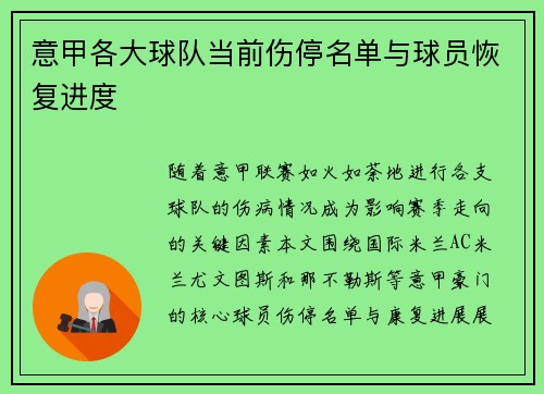 意甲各大球队当前伤停名单与球员恢复进度